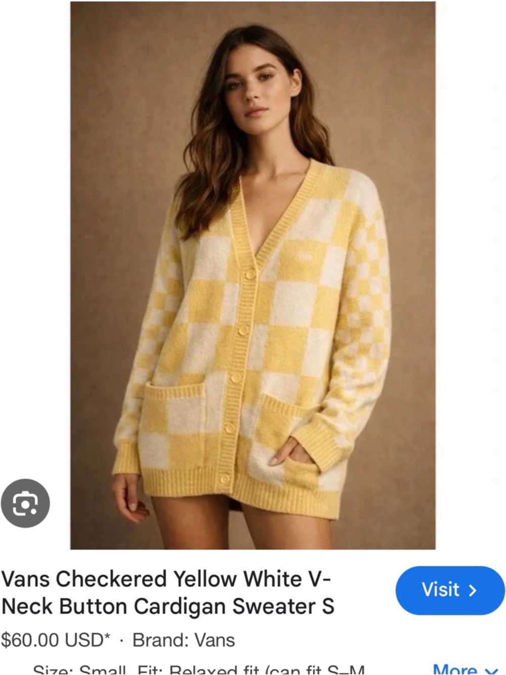 Vans Yellow and White Checkered V-Neck Button Cardigan